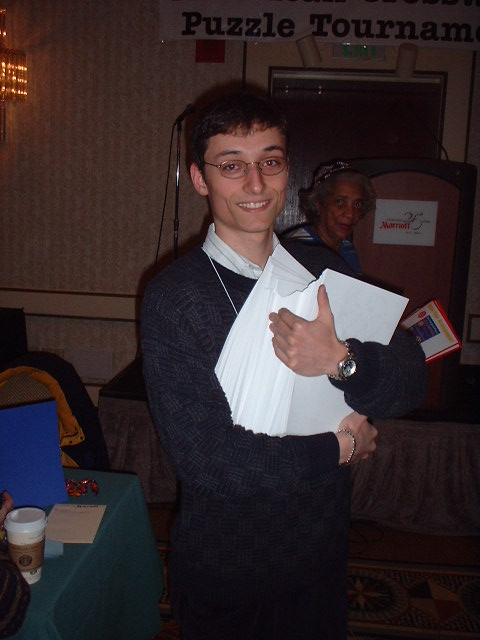 Michael Shteyman carrying in the first batch of puzzles
