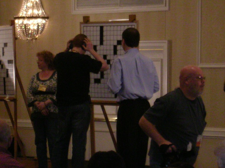 Deb Amlin (acting as judge again this year) with Tyler and Will Shortz prior to final